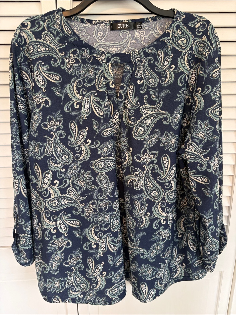 CURE Women's Top XL Blue Paisley Pull Over Boho Split Neck Roll Tab Sleeve Tunic